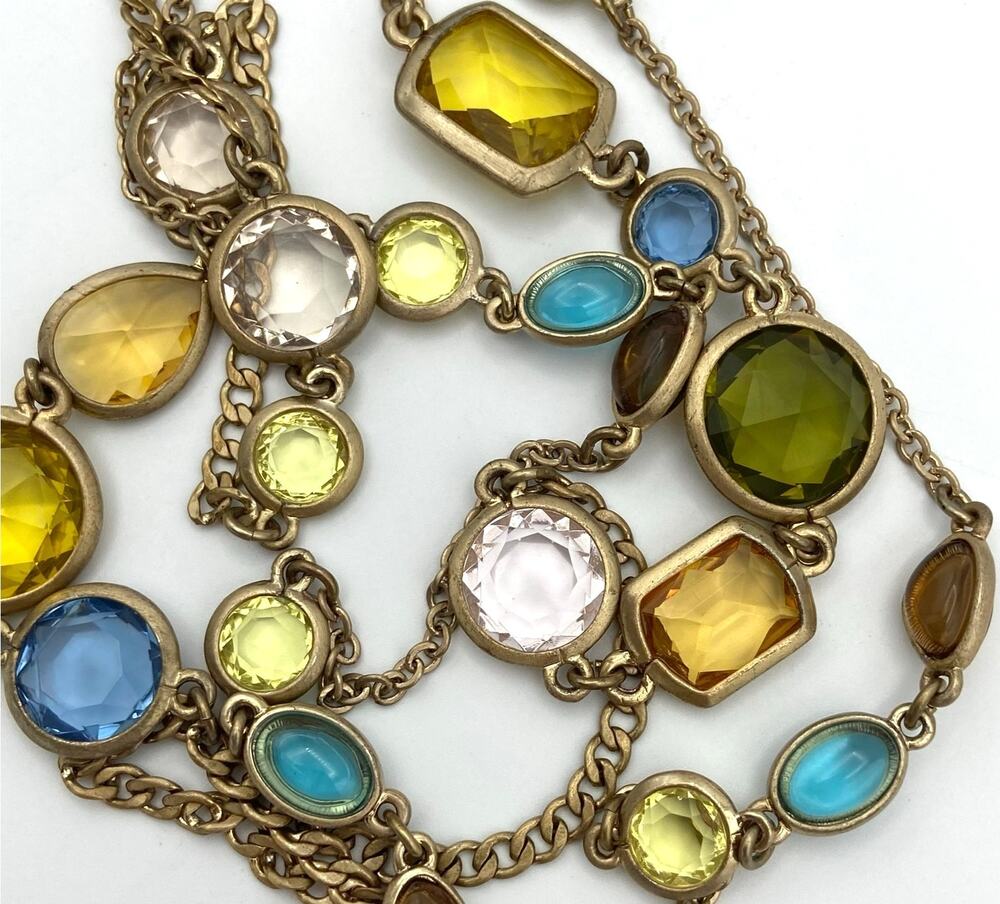 Talbots Double Strand Open Bezel Station Necklace Multi Color Gold Tone Long 33"